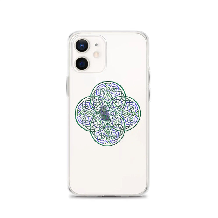 An iPhone 12 in a Xigfireon clear phone case featuring the Living Colour iteration of the `Reach Of The Spirit` Celtic knot design. The `Reach Of The Spirit` Celtic knot design represents Mother Earth.