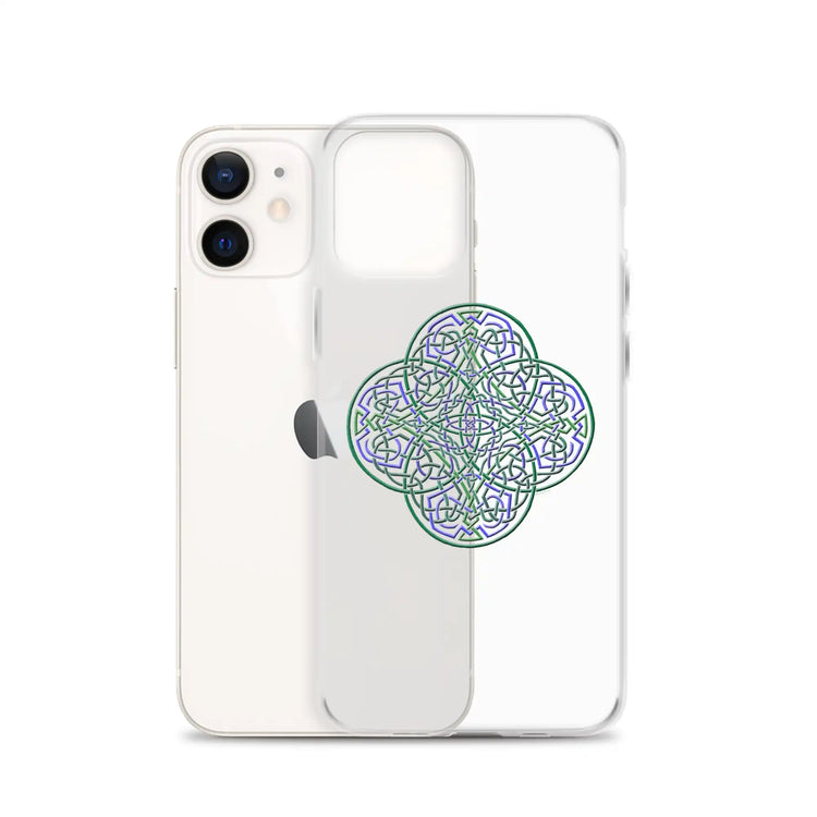 An iPhone 12 behind a Xigfireon clear phone case featuring the Living Colour iteration of the `Reach Of The Spirit` Celtic knot design. The `Reach Of The Spirit` Celtic knot design represents Mother Earth.