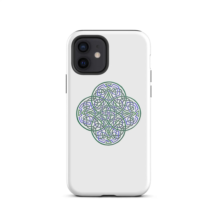 An iPhone 12 in a Xigfireon glossy white tough phone case featuring the Living Colour iteration of the `Reach Of The Spirit` Celtic knot design. The `Reach Of The Spirit` Celtic knot design is an Earth symbol.