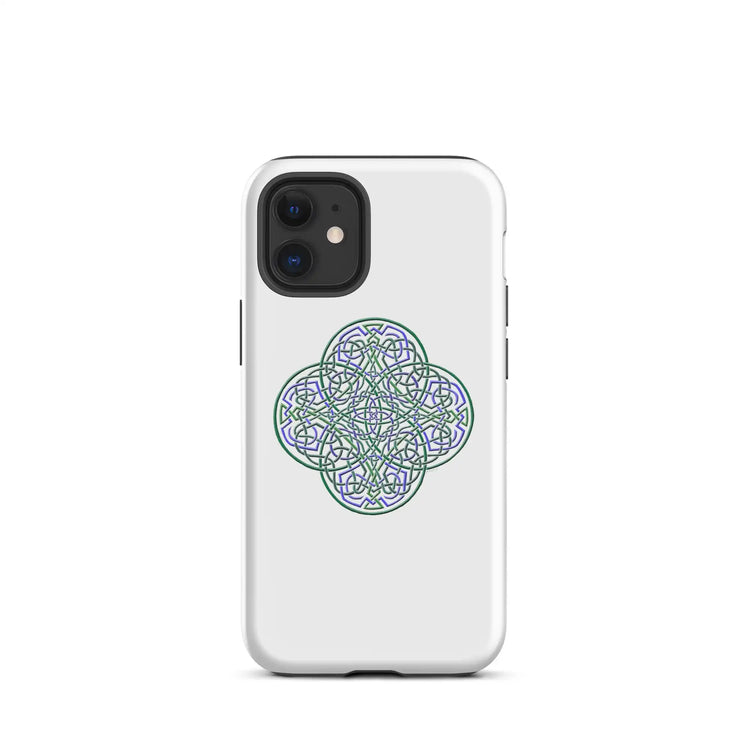 An iPhone 12 Mini in a Xigfireon matte white tough phone case featuring the Living Colour iteration of the `Reach Of The Spirit` Celtic knot design. The `Reach Of The Spirit` Celtic knot design is an Earth symbol.