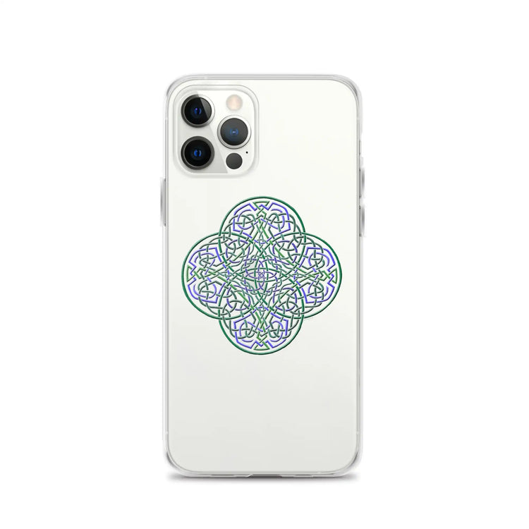 An iPhone 12 Pro in a Xigfireon clear phone case featuring the Living Colour iteration of the `Reach Of The Spirit` Celtic knot design. The `Reach Of The Spirit` Celtic knot design represents Mother Earth.