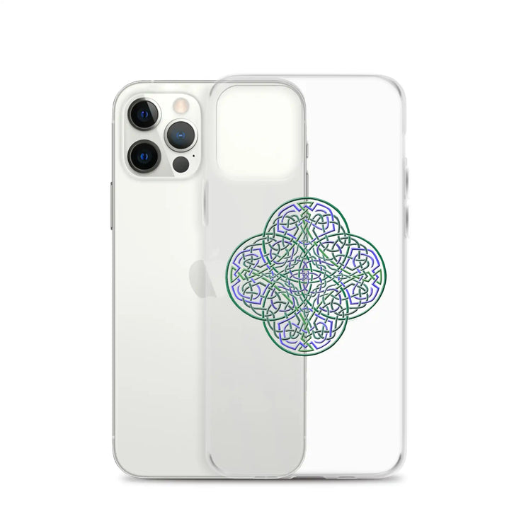 An iPhone 12 Pro behind a Xigfireon clear phone case featuring the Living Colour iteration of the `Reach Of The Spirit` Celtic knot design. The `Reach Of The Spirit` Celtic knot design represents Mother Earth.