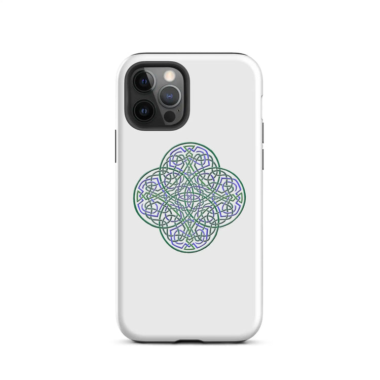 An iPhone 12 Pro in a Xigfireon matte white tough phone case featuring the Living Colour iteration of the `Reach Of The Spirit` Celtic knot design. The `Reach Of The Spirit` Celtic knot design is an Earth symbol.