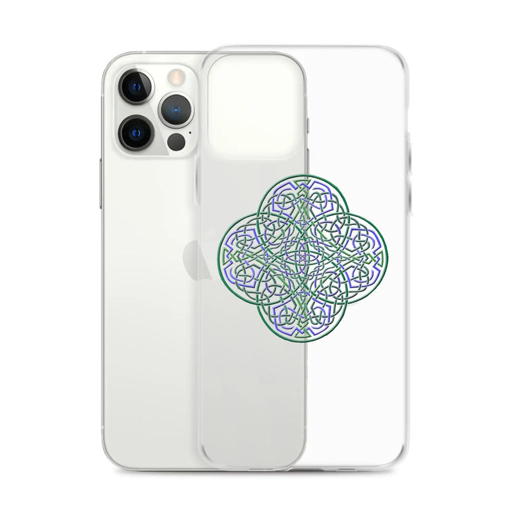 An iPhone 12 Pro Max behind a Xigfireon clear phone case featuring the Living Colour iteration of the `Reach Of The Spirit` Celtic knot design. The `Reach Of The Spirit` Celtic knot design represents Mother Earth.