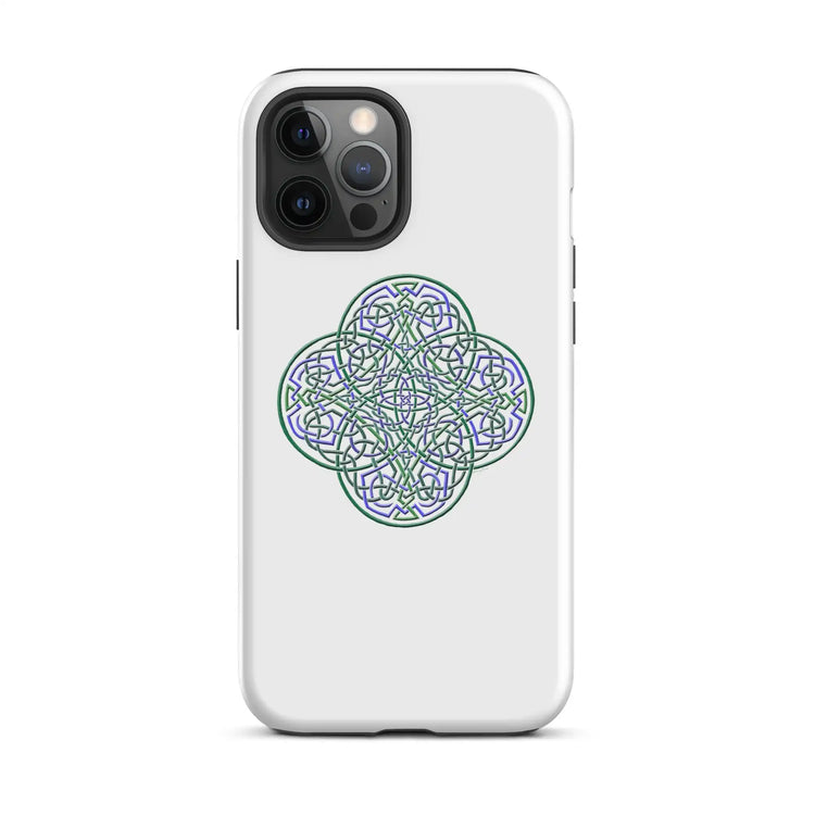 An iPhone 12 Pro Max in a Xigfireon matte white tough phone case featuring the Living Colour iteration of the `Reach Of The Spirit` Celtic knot design. The `Reach Of The Spirit` Celtic knot design is an Earth symbol.
