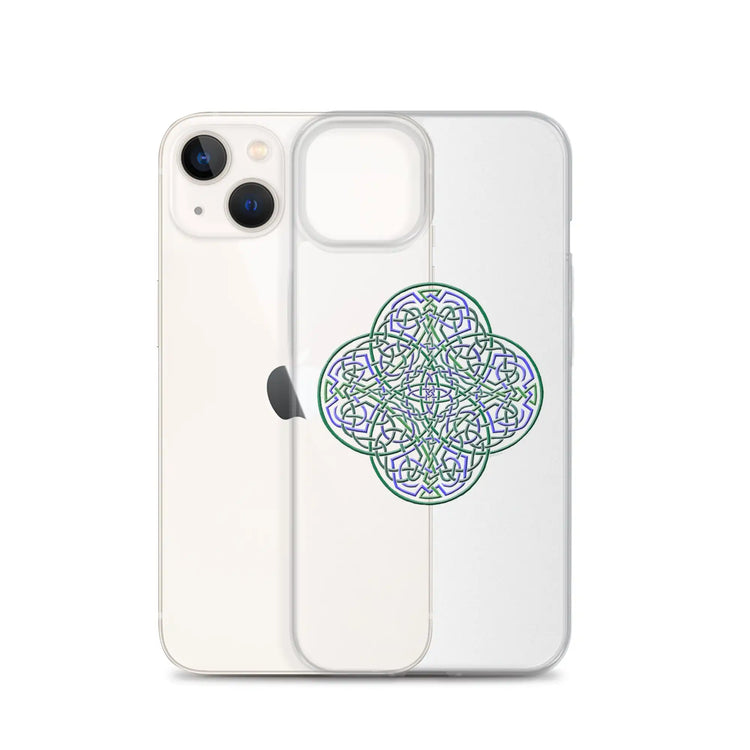 An iPhone 13 behind a Xigfireon clear phone case featuring the Living Colour iteration of the `Reach Of The Spirit` Celtic knot design. The `Reach Of The Spirit` Celtic knot design represents Mother Earth.