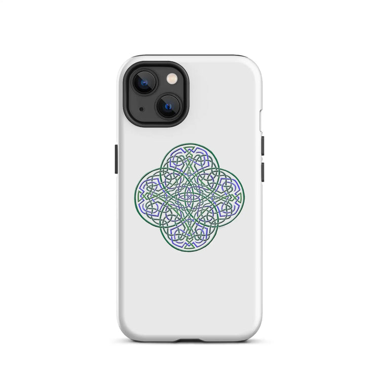An iPhone 13 in a Xigfireon matte white tough phone case featuring the Living Colour iteration of the `Reach Of The Spirit` Celtic knot design. The `Reach Of The Spirit` Celtic knot design is an Earth symbol.
