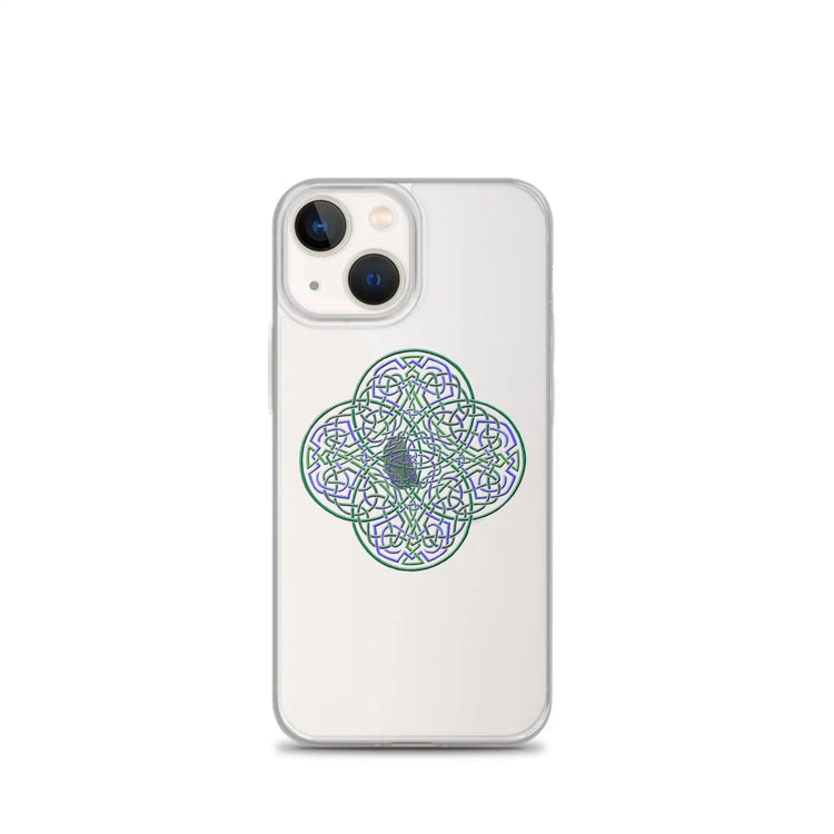 An iPhone 13 Mini in a Xigfireon clear phone case featuring the Living Colour iteration of the `Reach Of The Spirit` Celtic knot design. The `Reach Of The Spirit` Celtic knot design represents Mother Earth.