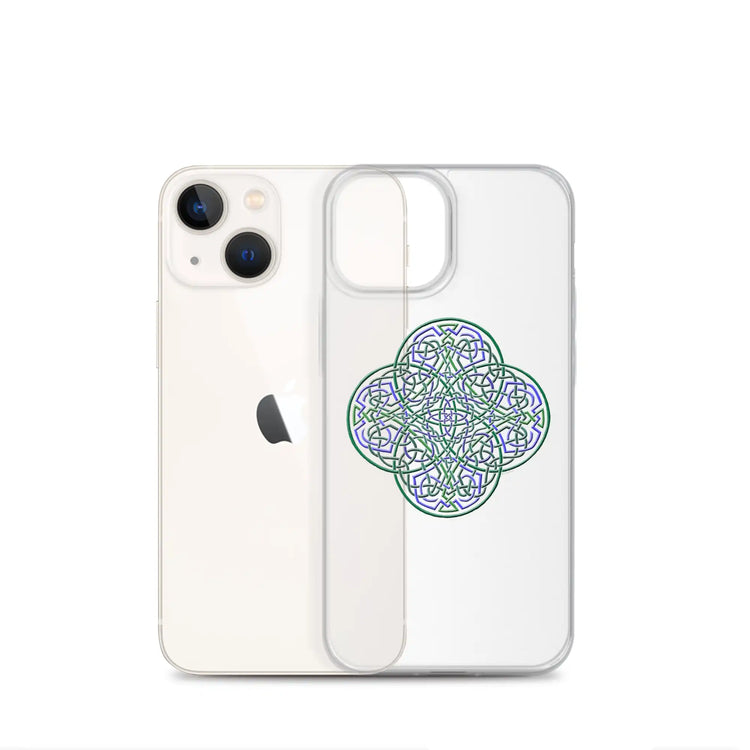 An iPhone 13 Mini behind a Xigfireon clear phone case featuring the Living Colour iteration of the `Reach Of The Spirit` Celtic knot design. The `Reach Of The Spirit` Celtic knot design represents Mother Earth.