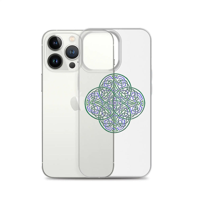 An iPhone 13 Pro behind a Xigfireon clear phone case featuring the Living Colour iteration of the `Reach Of The Spirit` Celtic knot design. The `Reach Of The Spirit` Celtic knot design represents Mother Earth.