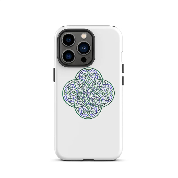 An iPhone 13 Pro in a Xigfireon matte white tough phone case featuring the Living Colour iteration of the `Reach Of The Spirit` Celtic knot design. The `Reach Of The Spirit` Celtic knot design is an Earth symbol.