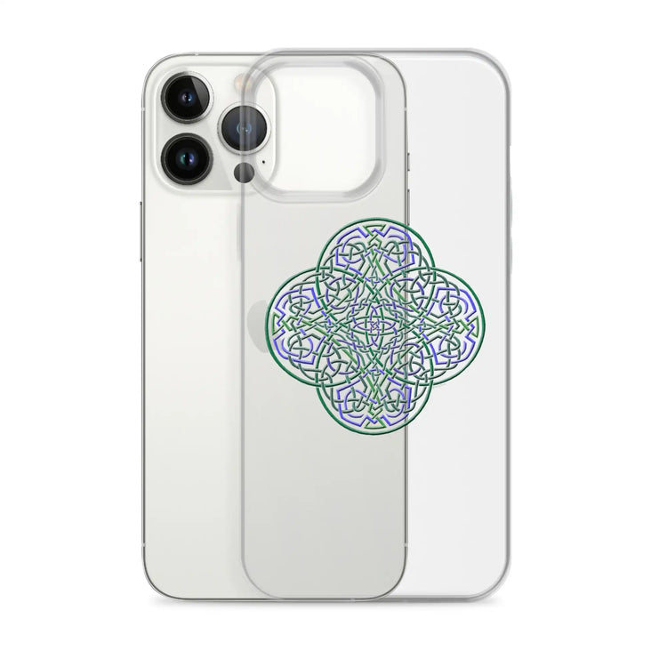 An iPhone 13 Pro behind a Xigfireon clear phone case featuring the Living Colour iteration of the `Reach Of The Spirit` Celtic knot design. The `Reach Of The Spirit` Celtic knot design represents Mother Earth.