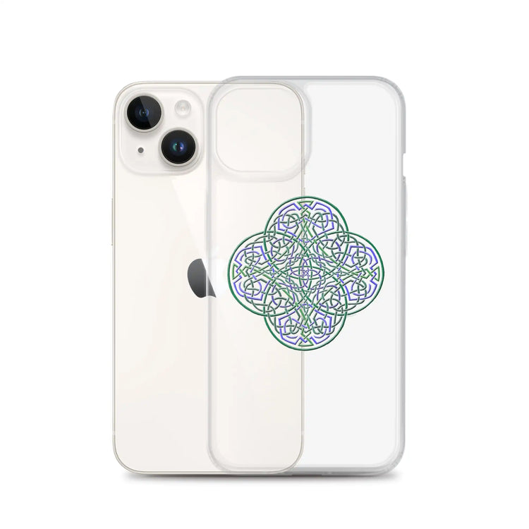 An iPhone 14 behind a Xigfireon clear phone case featuring the Living Colour iteration of the `Reach Of The Spirit` Celtic knot design. The `Reach Of The Spirit` Celtic knot design represents Mother Earth.