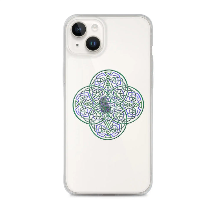 An iPhone 14 Plus in a Xigfireon clear phone case featuring the Living Colour iteration of the `Reach Of The Spirit` Celtic knot design. The `Reach Of The Spirit` Celtic knot design represents Mother Earth.