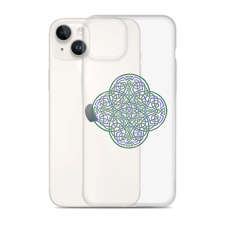 An iPhone 14 Plus behind a Xigfireon clear phone case featuring the Living Colour iteration of the `Reach Of The Spirit` Celtic knot design. The `Reach Of The Spirit` Celtic knot design represents Mother Earth.