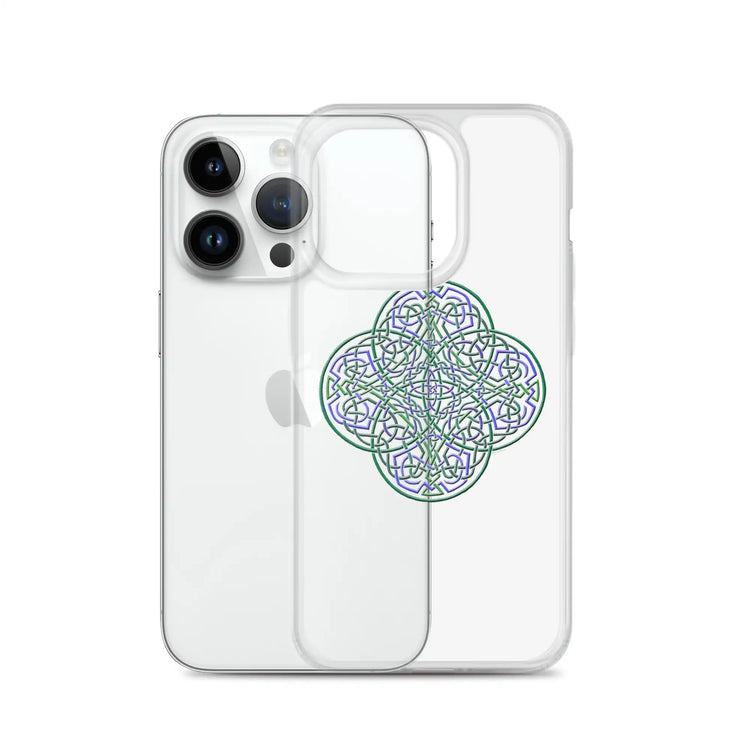 An iPhone 14 Pro behind a Xigfireon clear phone case featuring the Living Colour iteration of the `Reach Of The Spirit` Celtic knot design. The `Reach Of The Spirit` Celtic knot design represents Mother Earth.