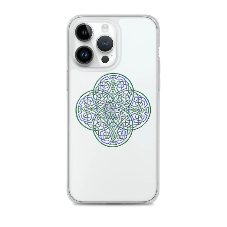 An iPhone 14 Pro Max in a Xigfireon clear phone case featuring the Living Colour iteration of the `Reach Of The Spirit` Celtic knot design. The `Reach Of The Spirit` Celtic knot design represents Mother Earth.
