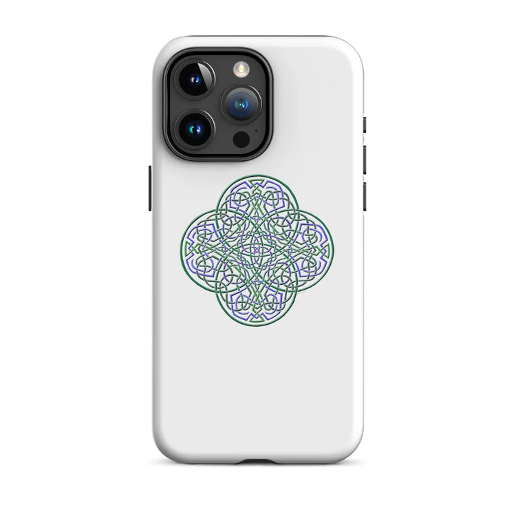 An iPhone 15 Pro Max in a Xigfireon glossy white tough phone case featuring the Living Colour iteration of the `Reach Of The Spirit` Celtic knot design. The `Reach Of The Spirit` Celtic knot represents the Earth.