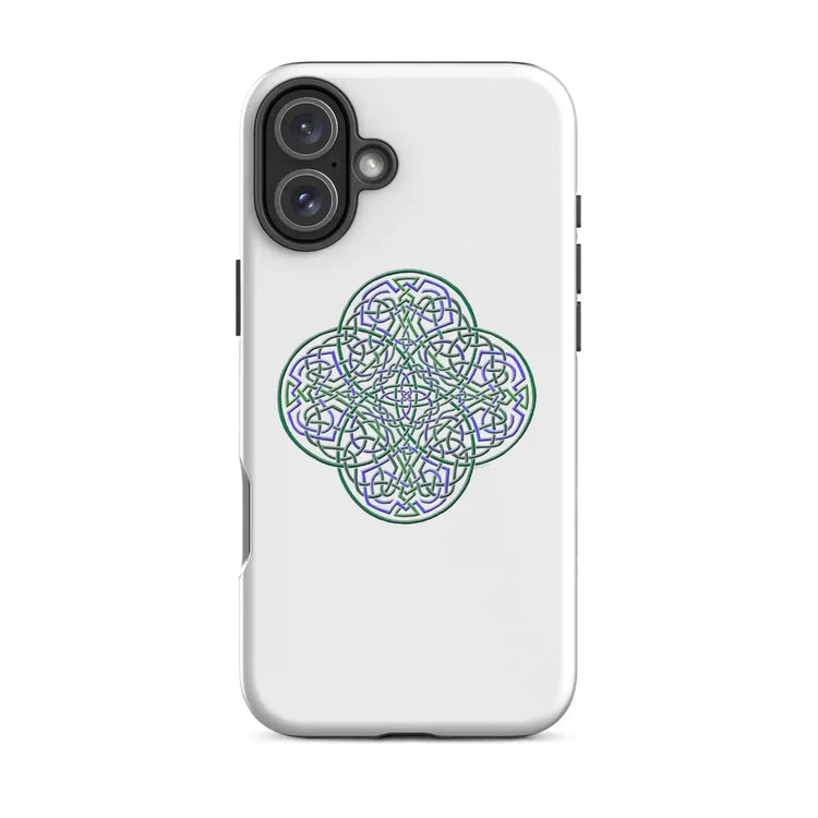 An iPhone 16 Plus in a Xigfireon matte white tough phone case featuring the Living Colour iteration of the `Reach Of The Spirit` Celtic knot design. The `Reach Of The Spirit` Celtic knot represents the Earth.
