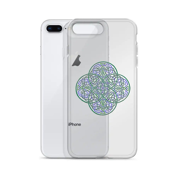 An iPhone 8 Plus behind a Xigfireon clear phone case featuring the Living Colour iteration of the `Reach Of The Spirit` Celtic knot design. The `Reach Of The Spirit` Celtic knot design represents Mother Earth.