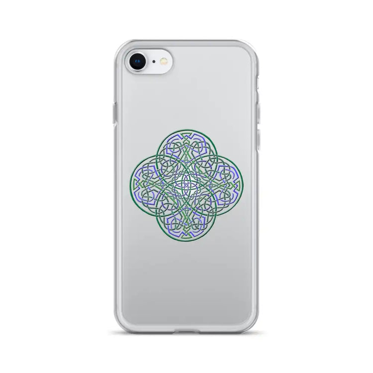 An iPhone SE in a Xigfireon clear phone case featuring the Living Colour iteration of the `Reach Of The Spirit` Celtic knot design. The `Reach Of The Spirit` Celtic knot design represents Mother Earth.