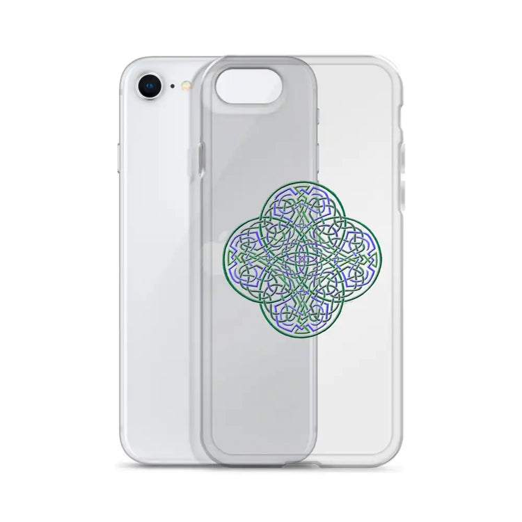 An iPhone SE behind a Xigfireon clear phone case featuring the Living Colour iteration of the `Reach Of The Spirit` Celtic knot design. The `Reach Of The Spirit` Celtic knot design represents Mother Earth.