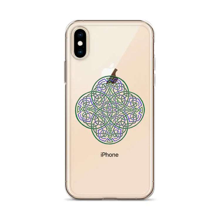 An iPhone X/XS Max in a Xigfireon clear phone case featuring the Living Colour iteration of the `Reach Of The Spirit` Celtic knot design. The `Reach Of The Spirit` Celtic knot design represents Mother Earth.