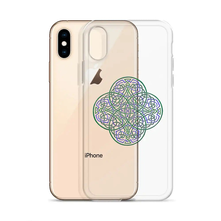 An iPhone X/XS behind a Xigfireon clear phone case featuring the Living Colour iteration of the `Reach Of The Spirit` Celtic knot design. The `Reach Of The Spirit` Celtic knot design represents Mother Earth.