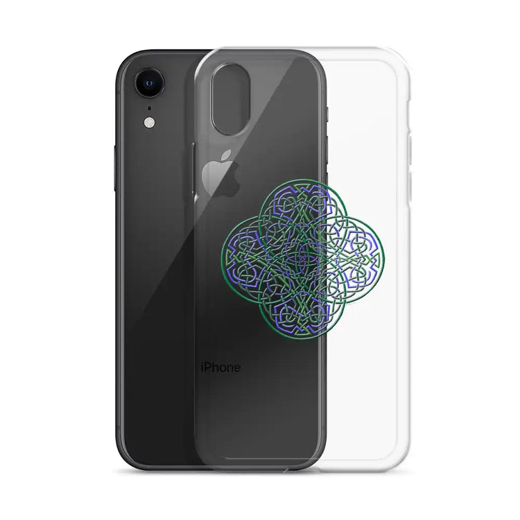 An iPhone XR behind a Xigfireon clear phone case featuring the Living Colour iteration of the `Reach Of The Spirit` Celtic knot design. The `Reach Of The Spirit` Celtic knot design represents Mother Earth.
