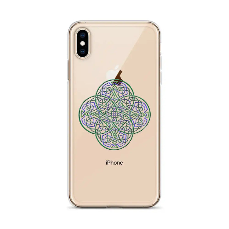 An iPhone XS Max in a Xigfireon clear phone case featuring the Living Colour iteration of the `Reach Of The Spirit` Celtic knot design. The `Reach Of The Spirit` Celtic knot design represents Mother Earth.