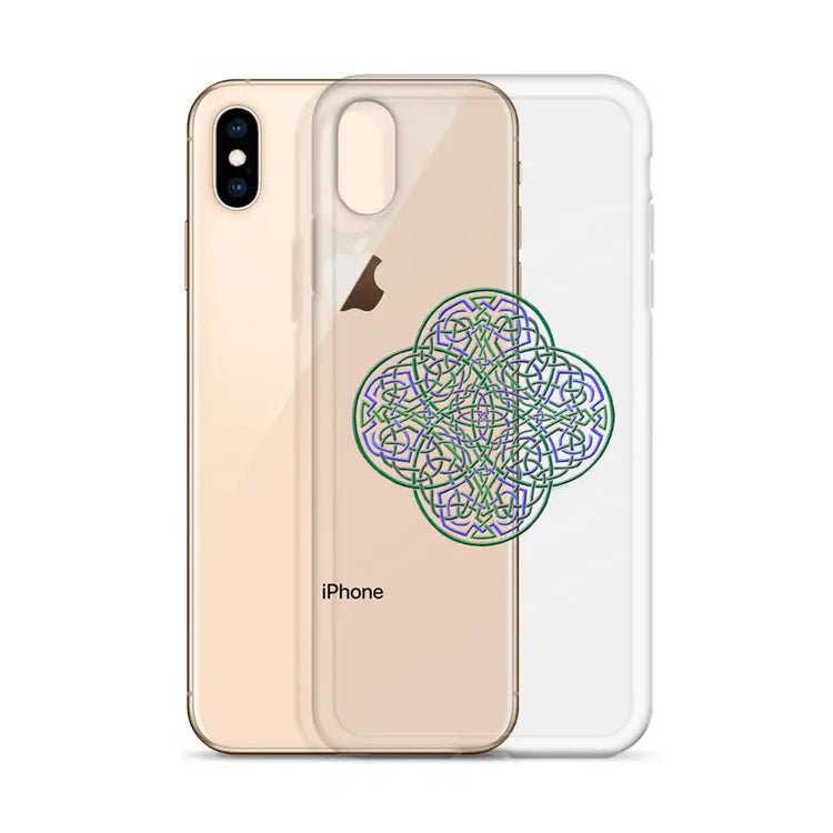 An iPhone XS Max behind a Xigfireon clear phone case featuring the Living Colour iteration of the `Reach Of The Spirit` Celtic knot design. The `Reach Of The Spirit` Celtic knot design represents Mother Earth.