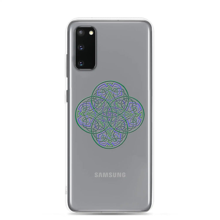A Samsung Galaxy S20 with a Xigfireon clear phone case featuring the Living Colour iteration of the `Reach Of The Spirit` Celtic knot design. The `Reach Of The Spirit` Celtic knot design represents Mother Earth.