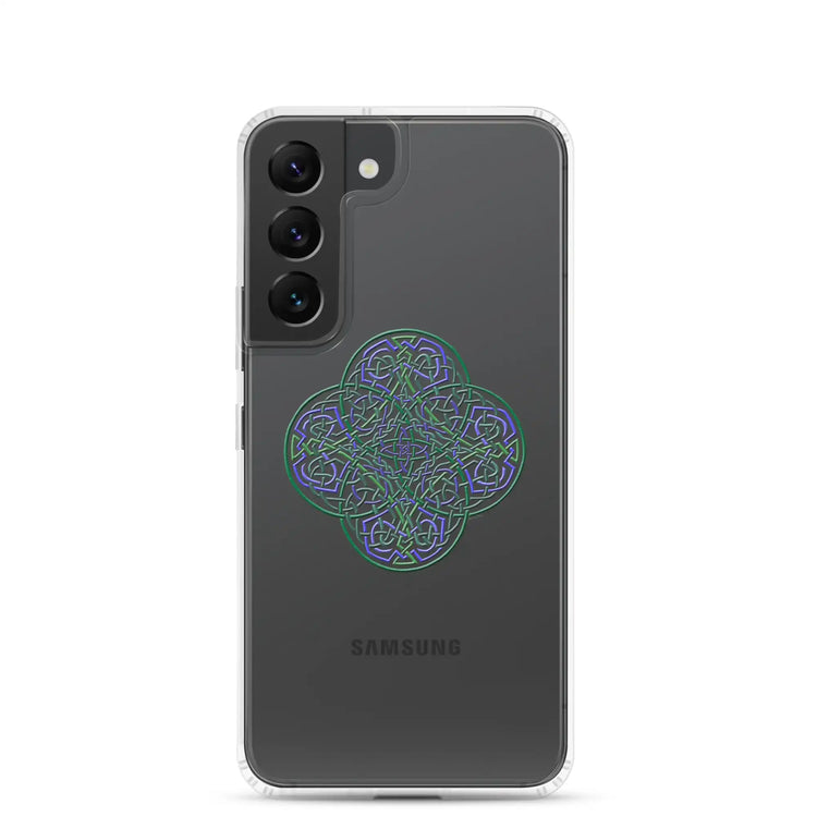 A Samsung Galaxy S22 with a Xigfireon clear phone case featuring the Living Colour iteration of the `Reach Of The Spirit` Celtic knot design. The `Reach Of The Spirit` Celtic knot design represents Mother Earth.