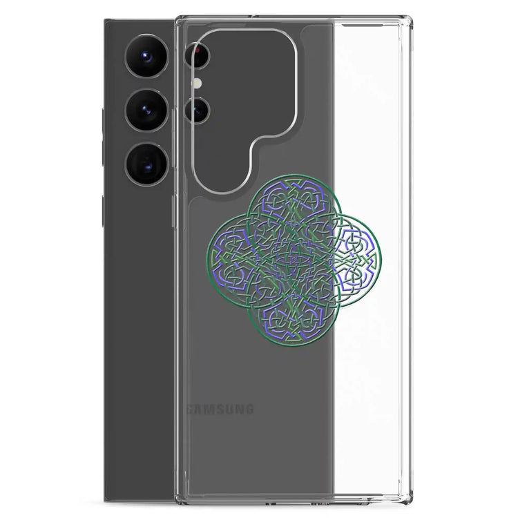 A Samsung Galaxy S23 Ultra behind a Xigfireon clear phone case featuring the Living Colour iteration of the `Reach Of The Spirit` Celtic knot design. The `Reach Of The Spirit` Celtic knot design symbolizes Mother Earth.
