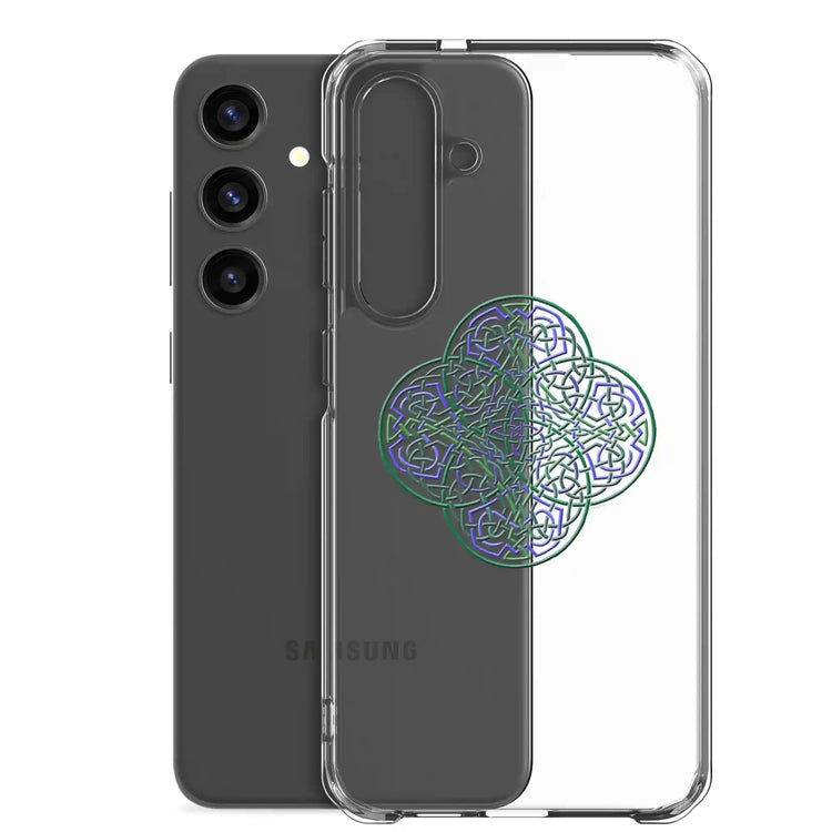 A Samsung Galaxy S24 Plus behind a Xigfireon clear phone case featuring the Living Colour iteration of the `Reach Of The Spirit` Celtic knot design. The `Reach Of The Spirit` Celtic knot design symbolizes Mother Earth.