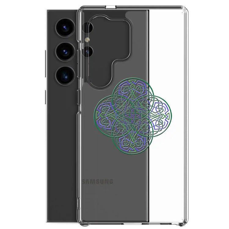 A Samsung Galaxy S24 Ultra behind a Xigfireon clear phone case featuring the Living Colour iteration of the `Reach Of The Spirit` Celtic knot design. The `Reach Of The Spirit` Celtic knot design symbolizes Mother Earth.