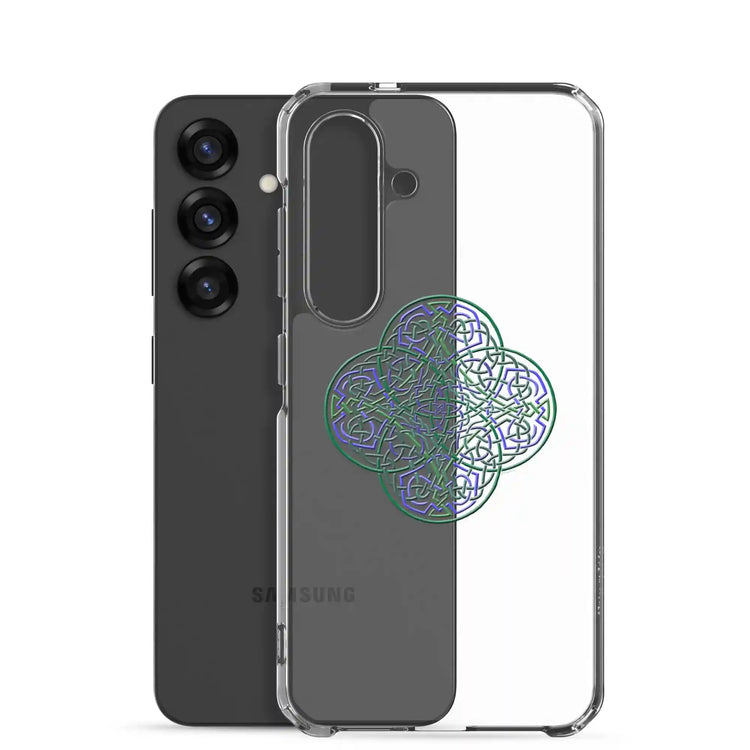 A Samsung Galaxy S25 behind a Xigfireon clear phone case featuring the Living Colour iteration of the `Reach Of The Spirit` Celtic knot design. The `Reach Of The Spirit` Celtic knot design symbolizes Mother Earth.