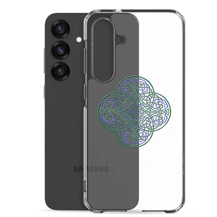 A Samsung Galaxy S25 Plus behind a Xigfireon clear phone case featuring the Living Colour iteration of the `Reach Of The Spirit` Celtic knot design. The `Reach Of The Spirit` Celtic knot design symbolizes Mother Earth.