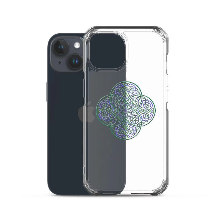 An iPhone 15 behind a Xigfireon clear phone case featuring the Living Colour iteration of the `Reach Of The Spirit` Celtic knot design. The `Reach Of The Spirit` Celtic knot design represents Mother Earth.