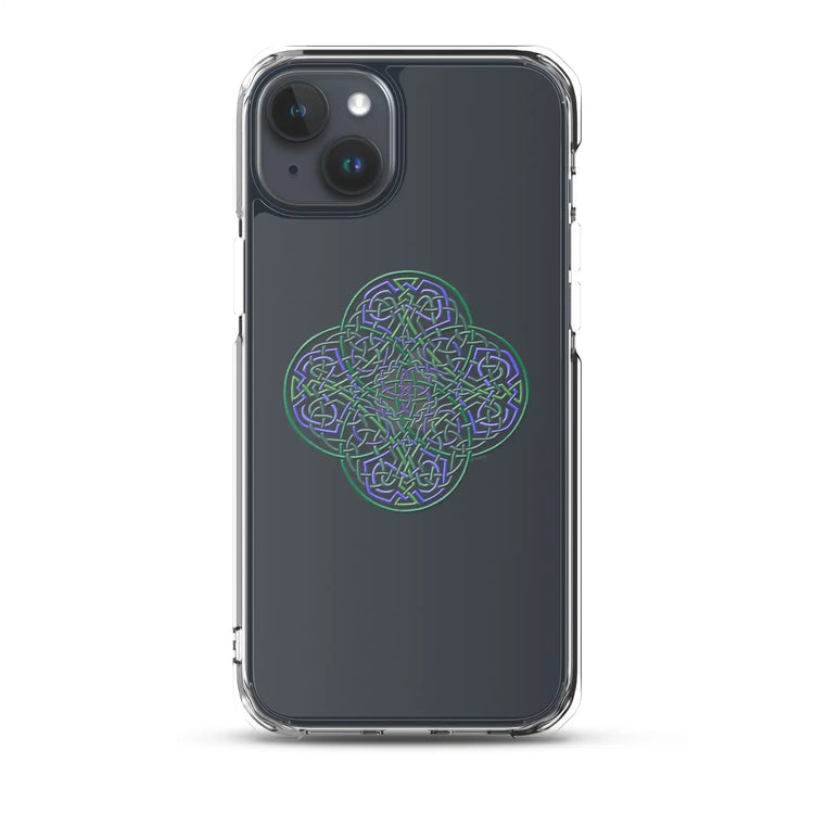 An iPhone 15 Plus in a Xigfireon clear phone case featuring the Living Colour iteration of the `Reach Of The Spirit` Celtic knot design. The `Reach Of The Spirit` Celtic knot design represents Mother Earth.