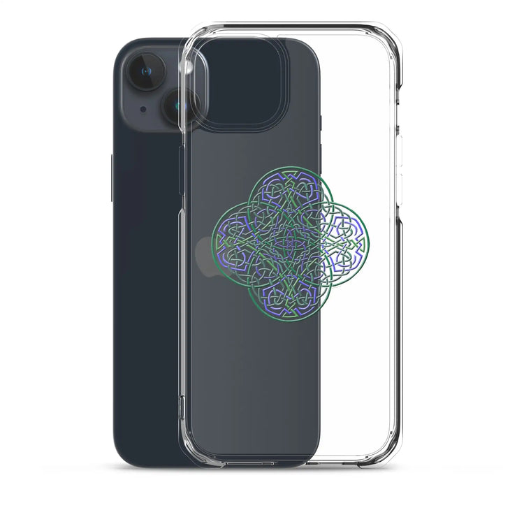 An iPhone 15 Plus behind a Xigfireon clear phone case featuring the Living Colour iteration of the `Reach Of The Spirit` Celtic knot design. The `Reach Of The Spirit` Celtic knot design represents Mother Earth.