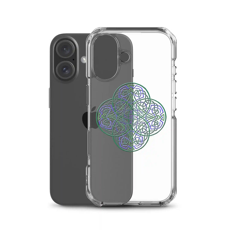 An iPhone 16 behind a Xigfireon clear phone case featuring the Living Colour iteration of the `Reach Of The Spirit` Celtic knot design. The `Reach Of The Spirit` Celtic knot design represents Mother Earth.