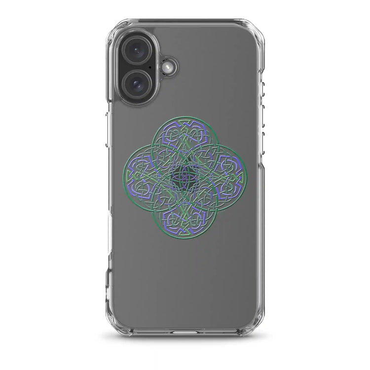 An iPhone 16 Plus in a Xigfireon clear phone case featuring the Living Colour iteration of the `Reach Of The Spirit` Celtic knot design. The `Reach Of The Spirit` Celtic knot design represents Mother Earth.