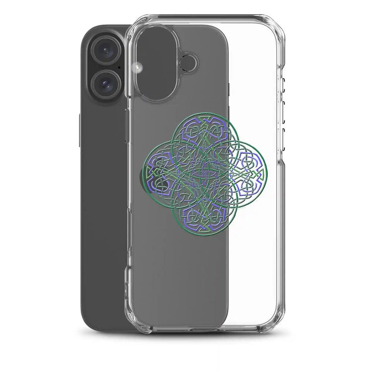 An iPhone 16 Plus behind a Xigfireon clear phone case featuring the Living Colour iteration of the `Reach Of The Spirit` Celtic knot design. The `Reach Of The Spirit` Celtic knot design represents Mother Earth.