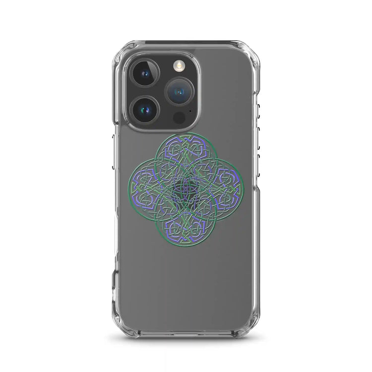 An iPhone 16 Pro in a Xigfireon clear phone case featuring the Living Colour iteration of the `Reach Of The Spirit` Celtic knot design. The `Reach Of The Spirit` Celtic knot design represents Mother Earth.