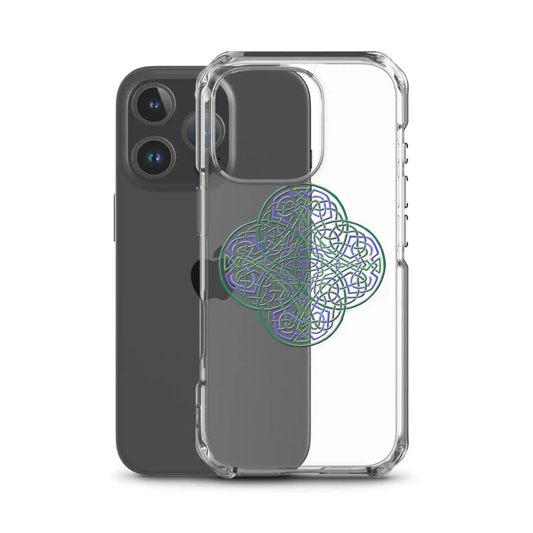 An iPhone 16 Pro behind a Xigfireon clear phone case featuring the Living Colour iteration of the `Reach Of The Spirit` Celtic knot design. The `Reach Of The Spirit` Celtic knot design represents Mother Earth.