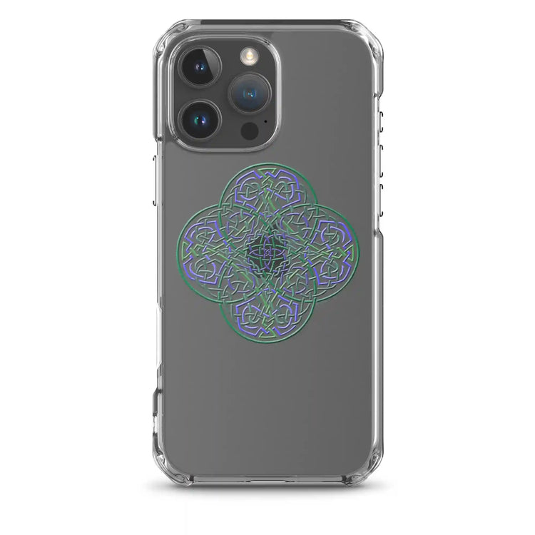 An iPhone 16 Pro Max in a Xigfireon clear phone case featuring the Living Colour iteration of the `Reach Of The Spirit` Celtic knot design. The `Reach Of The Spirit` Celtic knot design represents Mother Earth.