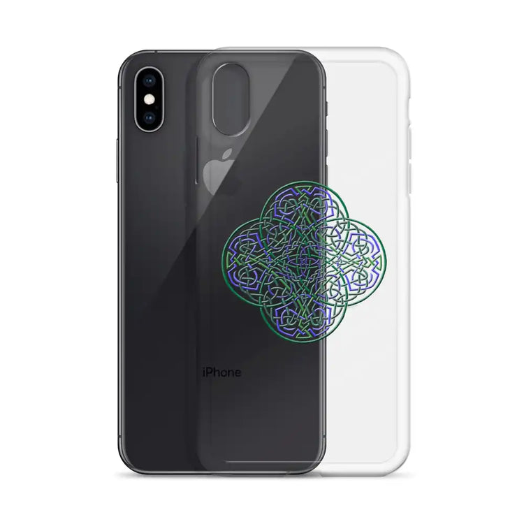 An iPhone XS Max behind a Xigfireon clear phone case featuring the Living Colour iteration of the `Reach Of The Spirit` Celtic knot design. The `Reach Of The Spirit` Celtic knot design represents Mother Earth.