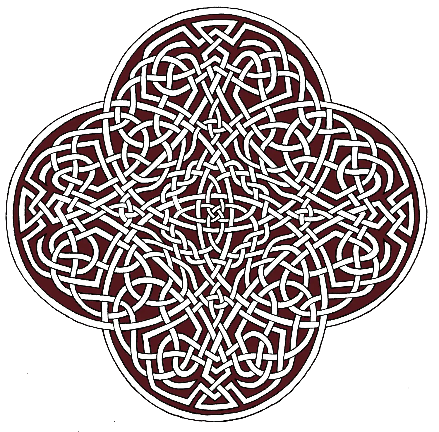 A simple `Reach Of The Spirit` Celtic knot graphic with white cords outlined in black, and dark red filling the space in between.