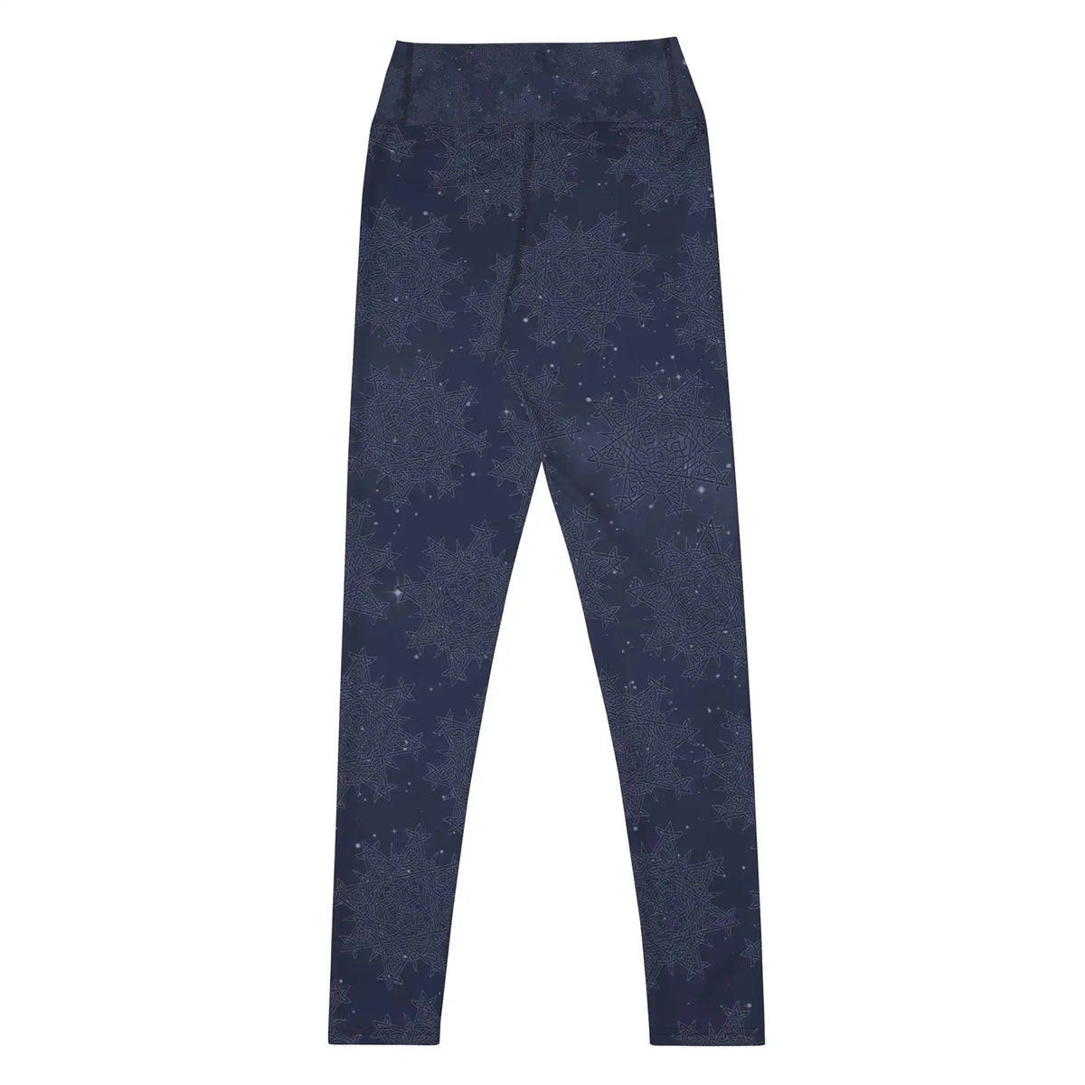 Celtic knot yoga leggings by Xigfireon, shown from the back, featuring the Midnight Blue Cosmos patterned series of the Morning Star Fire design.